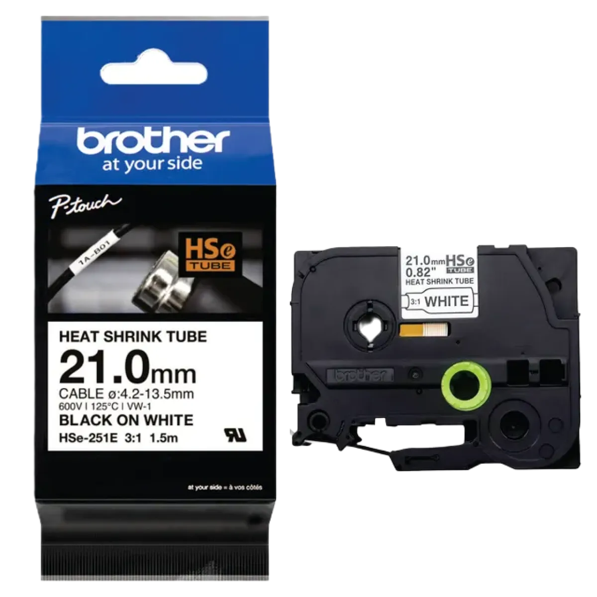 Brother (HSe-251E) P-touch 21mm Heat Shrink Tape Cassette 1.5m - Black on White