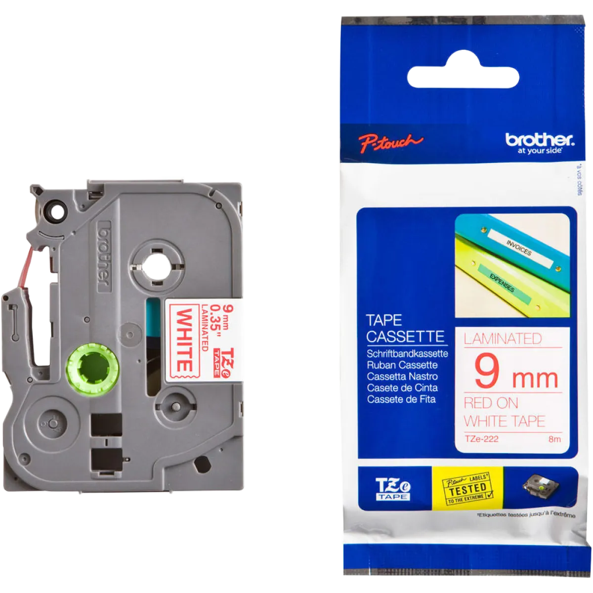 Brother (TZe-222) P-touch 9mm Laminated Tape Cassette 8m - Red on White