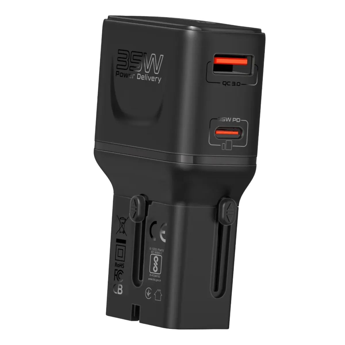 Promate (TriPlug-PD35) Universal Travel Adapter Wall Charger-Quick Charge-USB-A /USB-C - Black