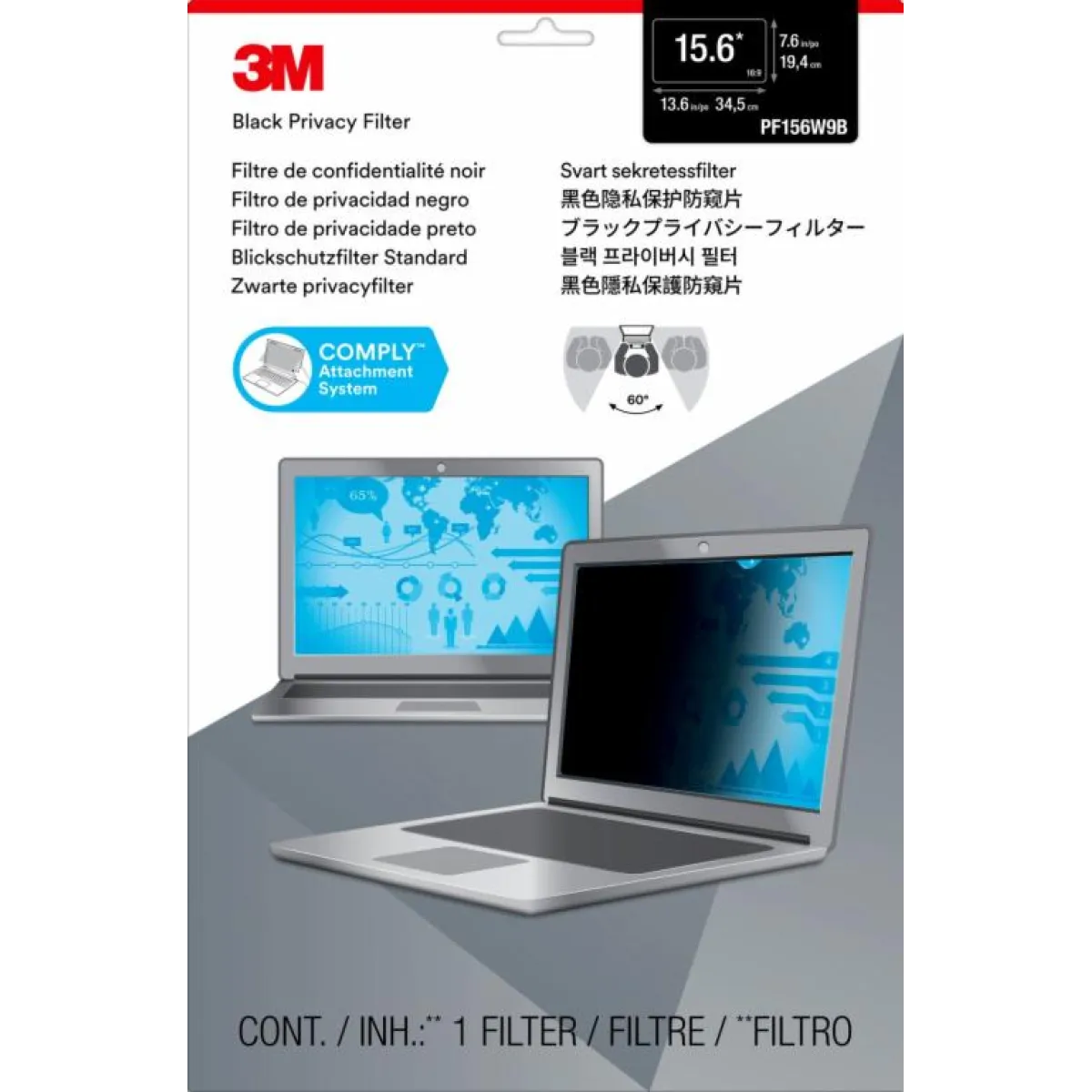 3M (PF156W9B) Black Privacy Filter for 15.6" Widescreen Laptop - Anti Glare - Black