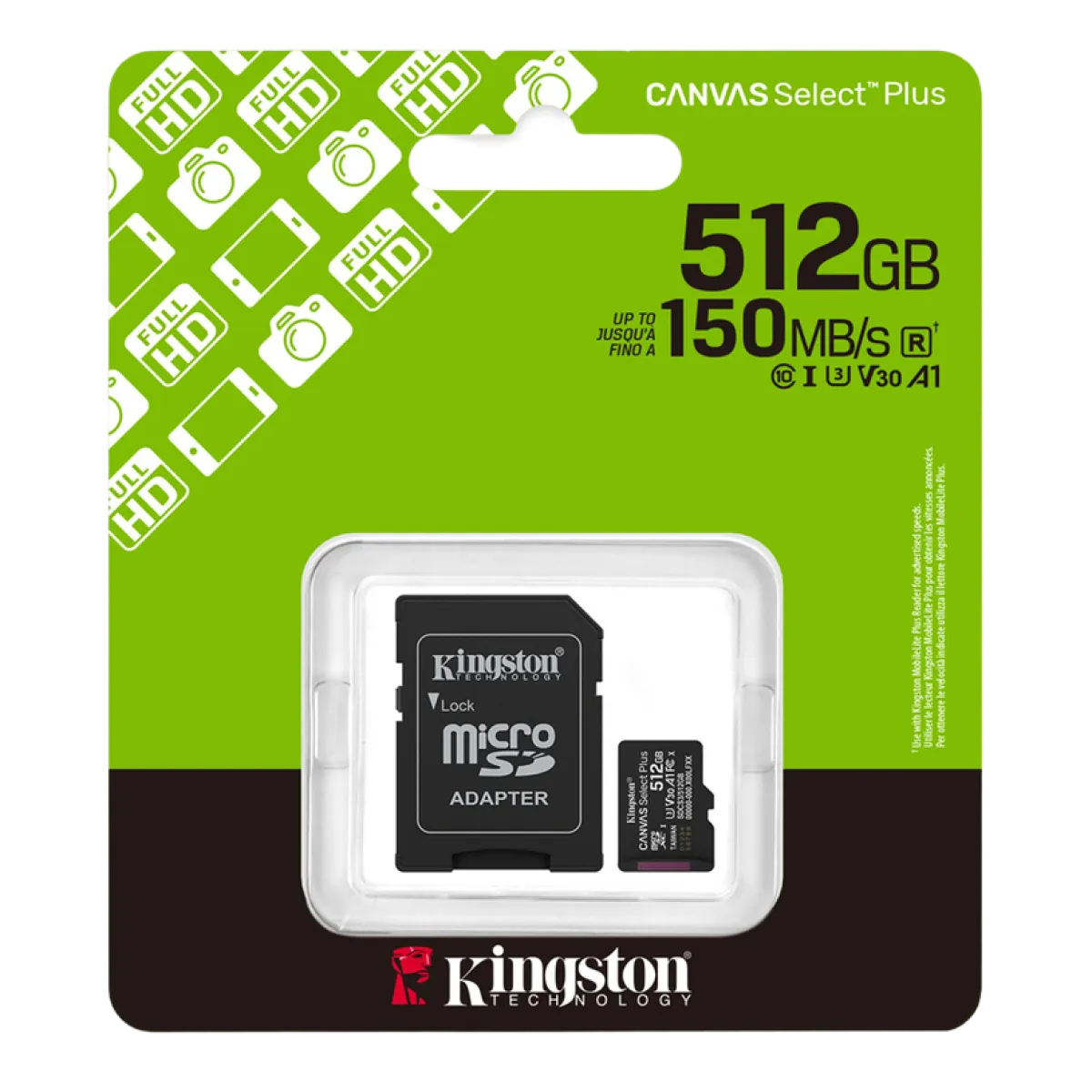 Kingston (SDCS3/512GB) Canvas Select Plus microSDXC 512Gb - SD Adapter - Black