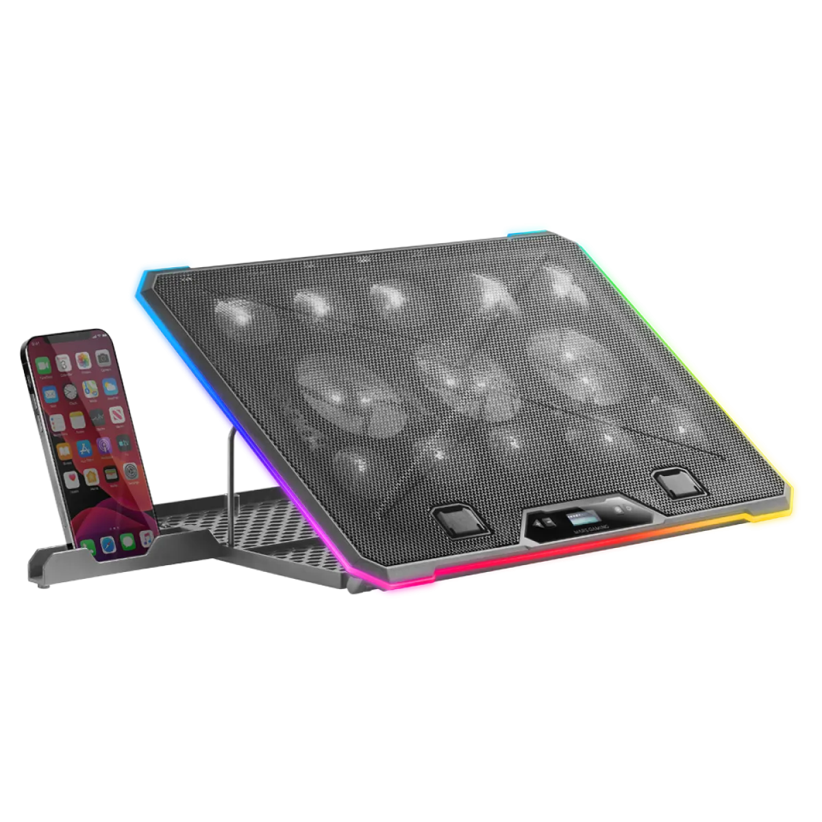 Mars (MNBC13) Laptop Stand and Cooling Pad - Smartphone Holder - RGB - Black