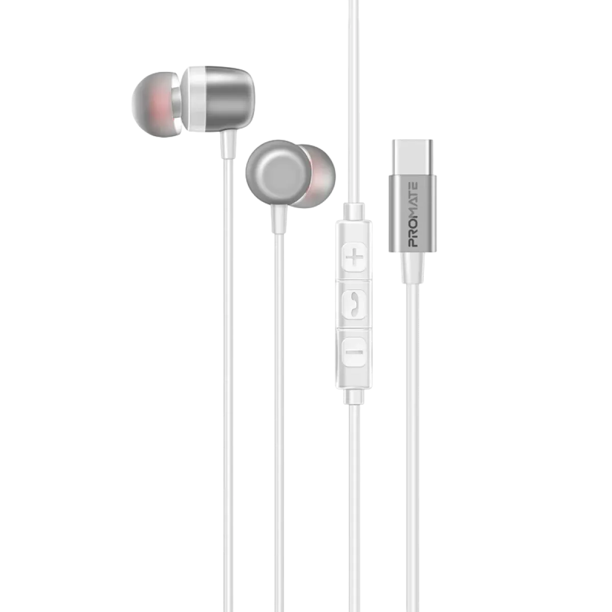 Promate (Silken-ENC) Wired Ergonomic USB-C Earphones - 2Yrs - White