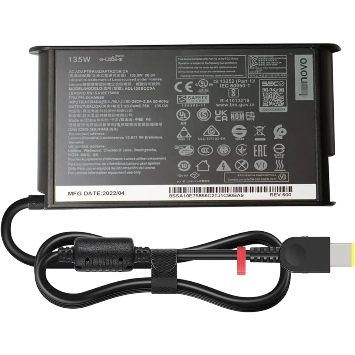 Lenovo (ADL135YSCC3A) Original Power Adapter for LegionP5, 20V 6.75A 135W, USB Yellow Pin - Black