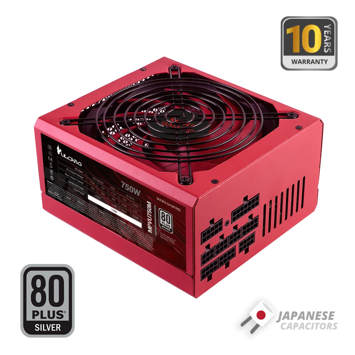 Mars Gaming (MPVU750M) 750W Power Supply 80 Plus Silver - Fully Modular - ATX - Vulcano Red