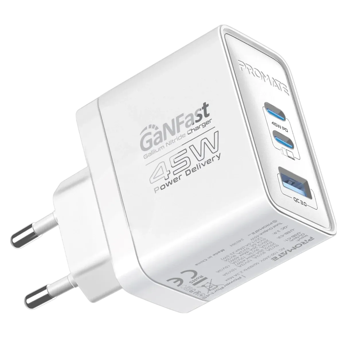 Promate (PowerPort-45 White) 45W Power Delivery GaNFast Charger with Quick Charge 3.0 - 2Yrs - White