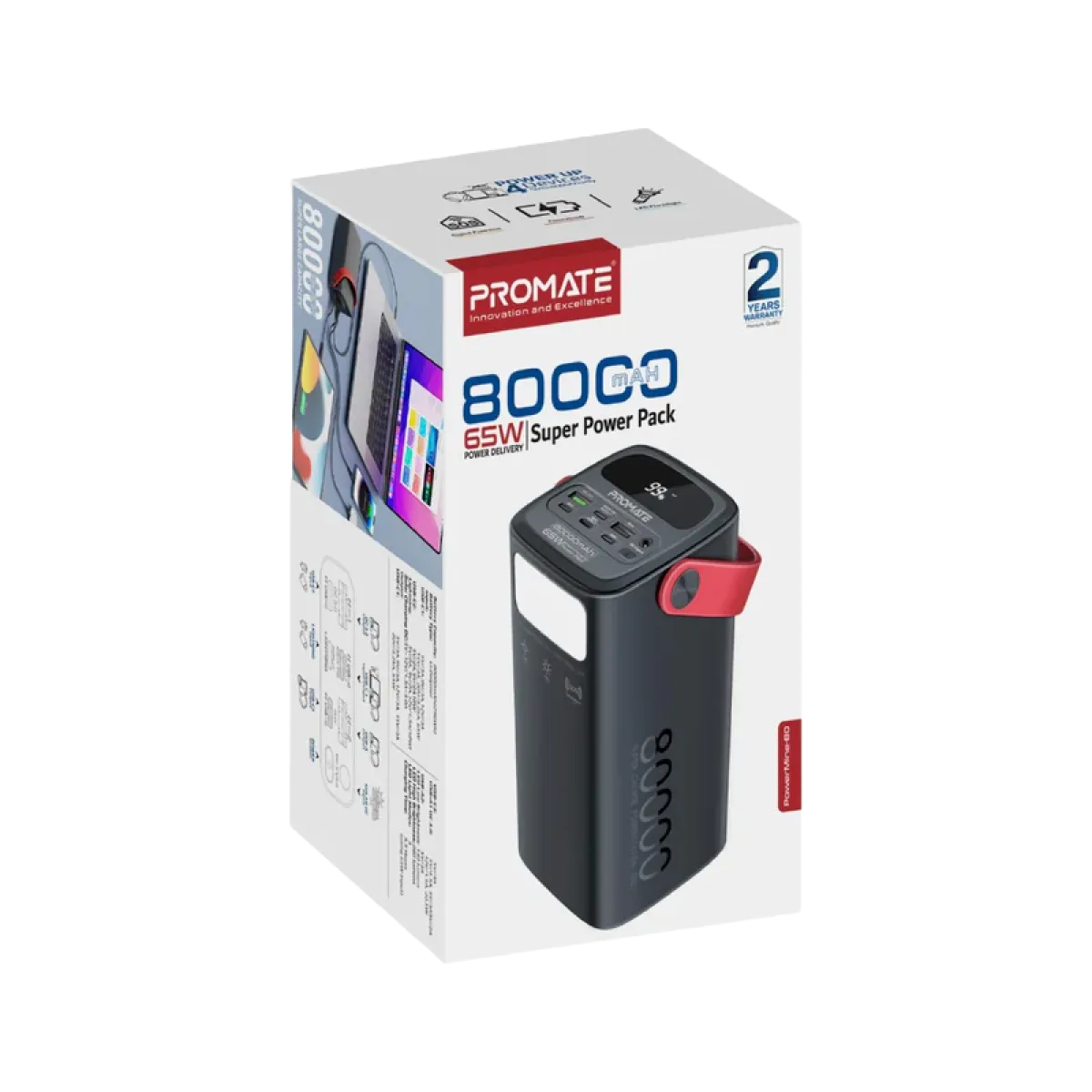 Promate (PowerMine-80) 80000mAh High-Capacity 65W Fast-Charging Power Pack - Black