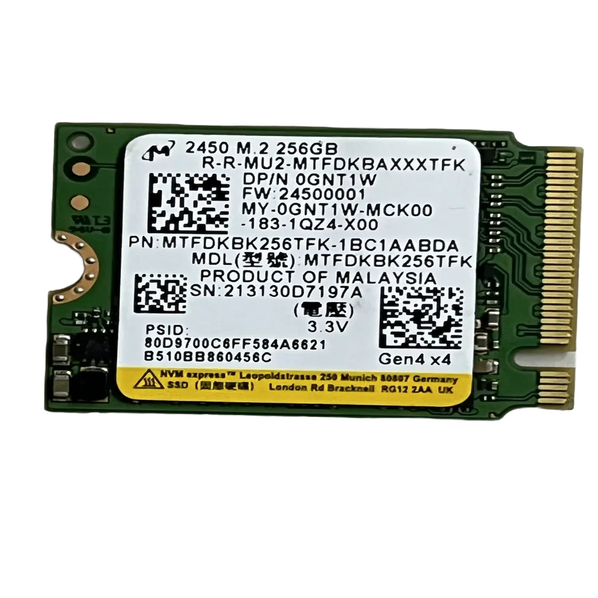 Micron (MTFDKBK256TFK) 256Gb 2450 Series M.2 2230 PCIe x3 NVMe 1.3 SSD