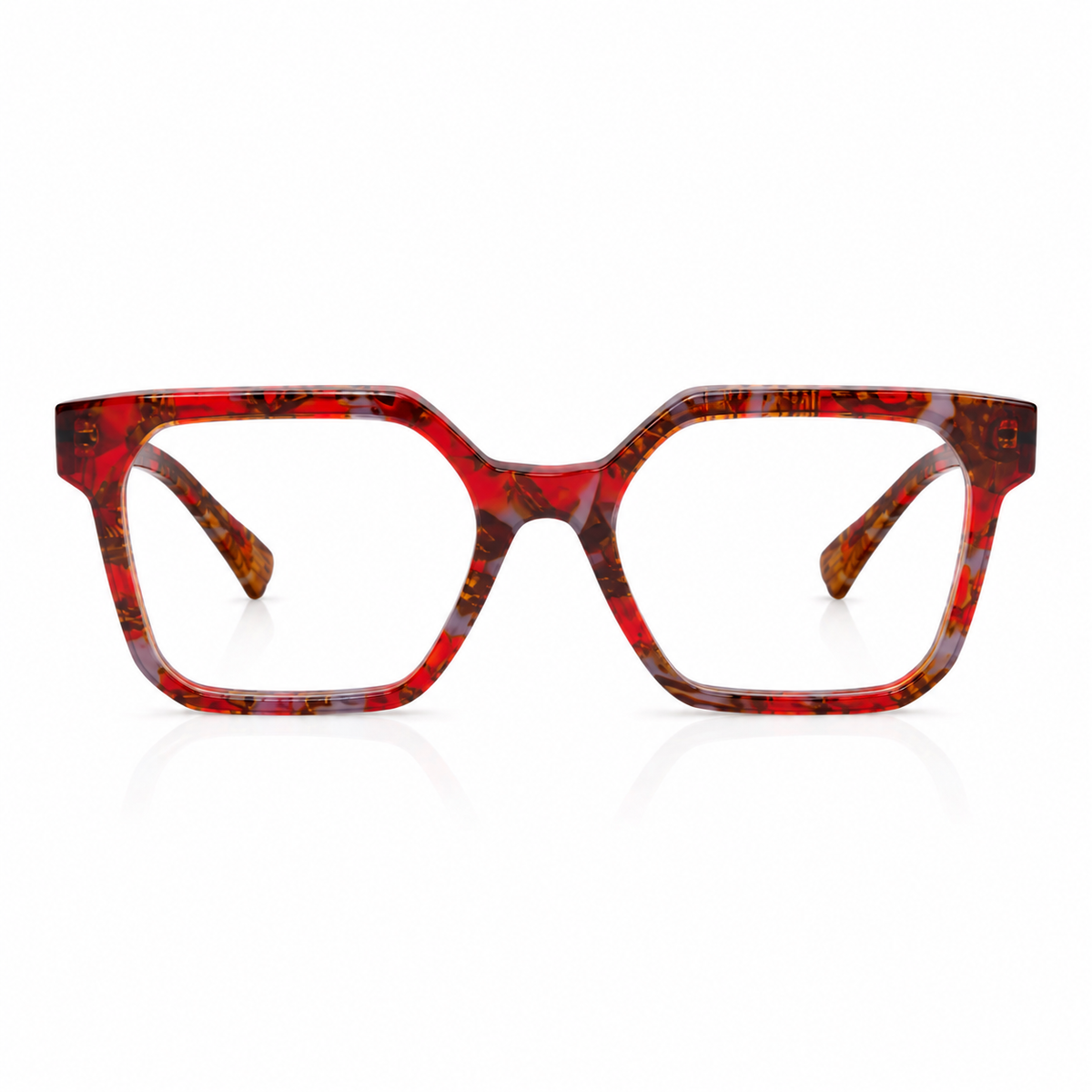 Red and brown tortoiseshell glasses on a white background